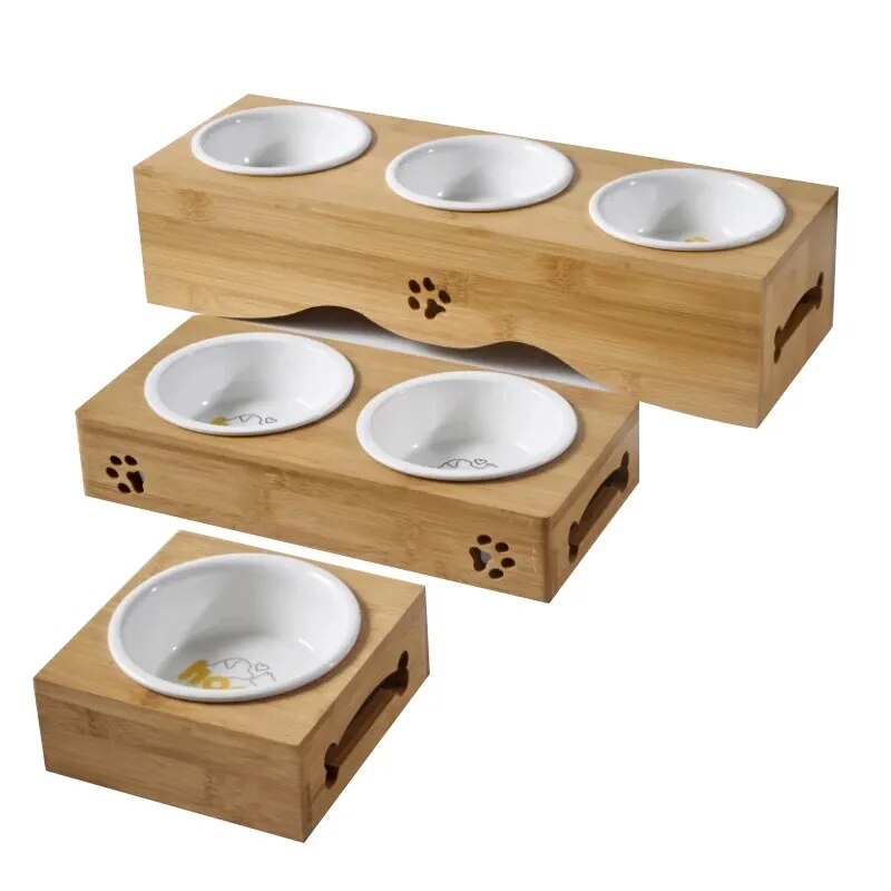 Pet Dog Cat Bowl Ceramic Bowl Bamboo Wooden Table Into A Kitten Skid Resistant Double Bowl Small Dog Food Bowl