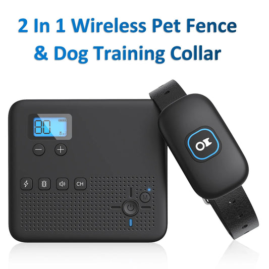 2 In 1 Electric Pet Wireless Fence Dog Training Collar Anti Runaway Up to 3 Dogs  Outdoor Pet Containment System Rechargeable