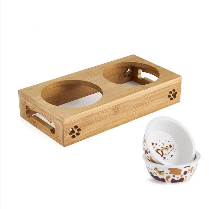 Pet Dog Cat Bowl Ceramic Bowl Bamboo Wooden Table Into A Kitten Skid Resistant Double Bowl Small Dog Food Bowl