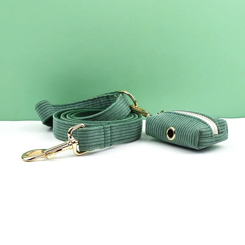 Dark Green Corduroy Dog Collar And Leash Set For Dogs Custom Engraved Nameplate Pet Supplies Dog Leash Corduroy04